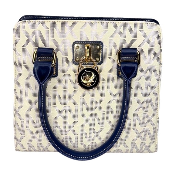 Noble Exchange NX Signature Print Padlock Tote Satchel Handbag blue / white - Picture 2 of 8